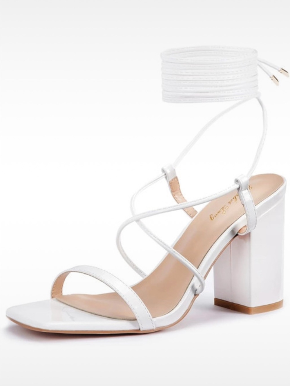 Amazon White Strappy Block Heel Sandals with Wrap Ankle